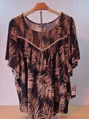 Democracy Short Sleeve Top, 3X, Black/tan/warm caramel brown